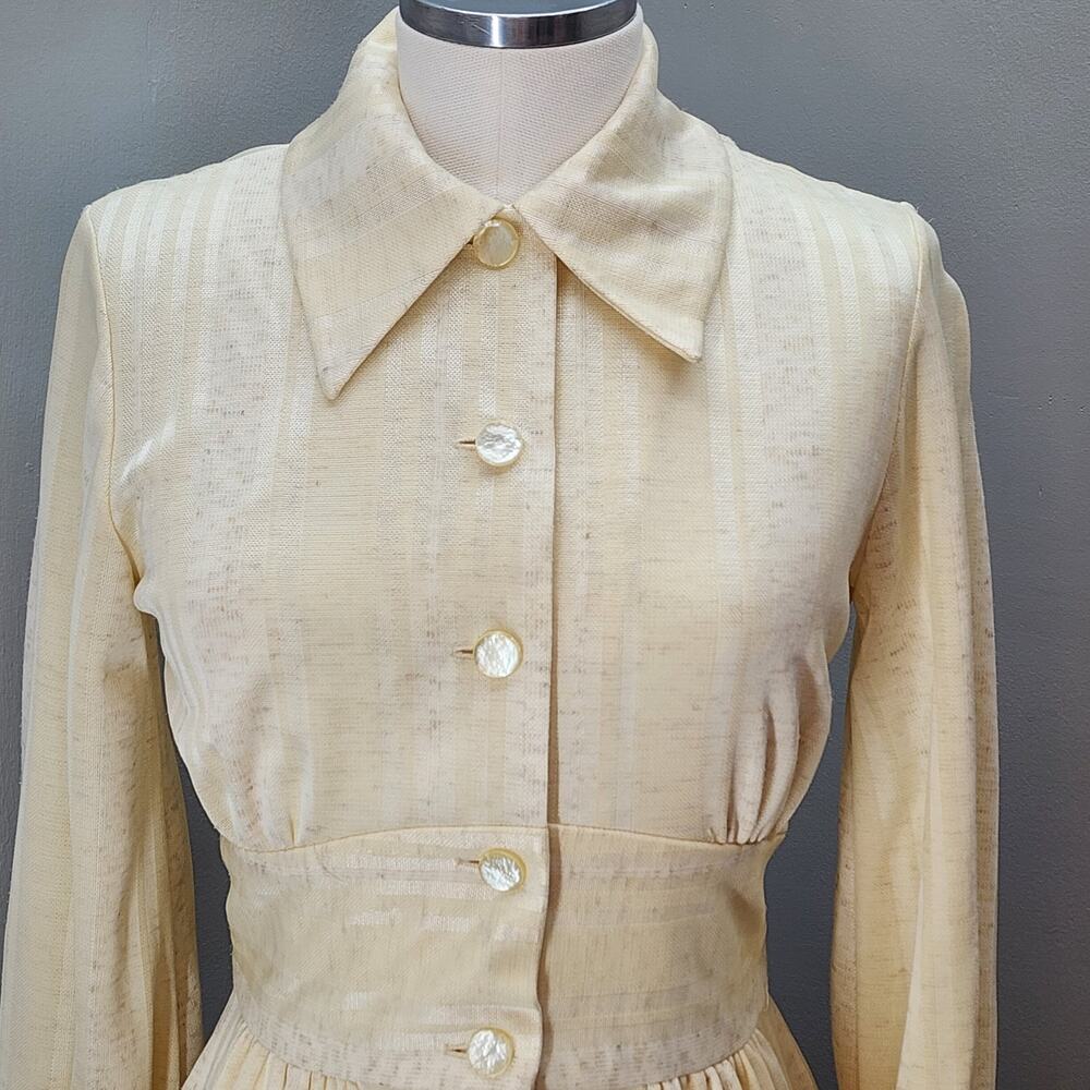 70s VTG Momentum Maxi Dress, Faux Corset Waist Jacquard Stripe Cream Maxi - S - Picture 8 of 10